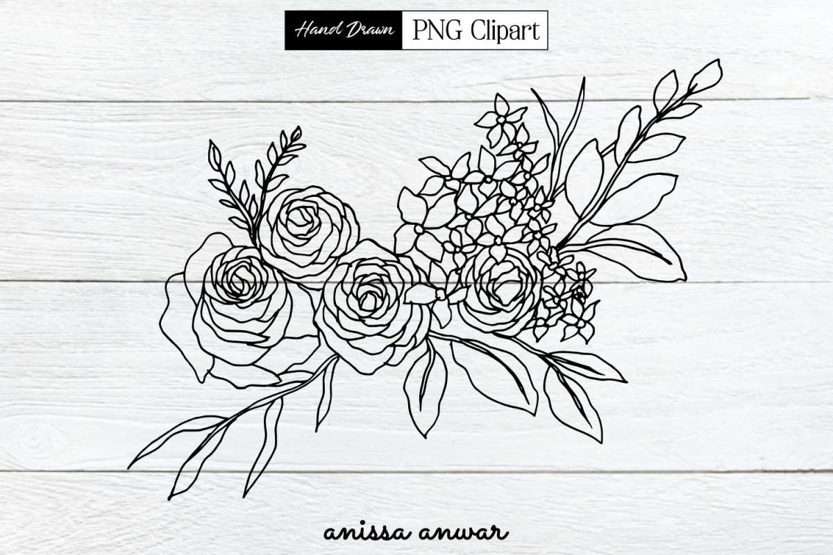 Flowers Bouquet Line Art, Png Clipart, Sublimation Printable example image 1