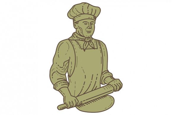 Baker Chef Rolling Pin Dough Mono Line example image 1