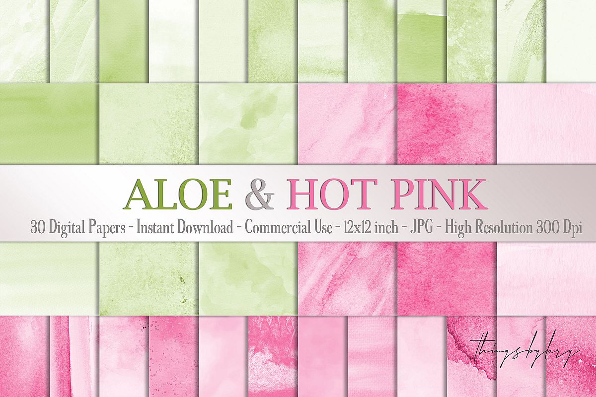 30 Ombre Aloe & Hot Pink Spring Watercolor Digital Papers example image 1