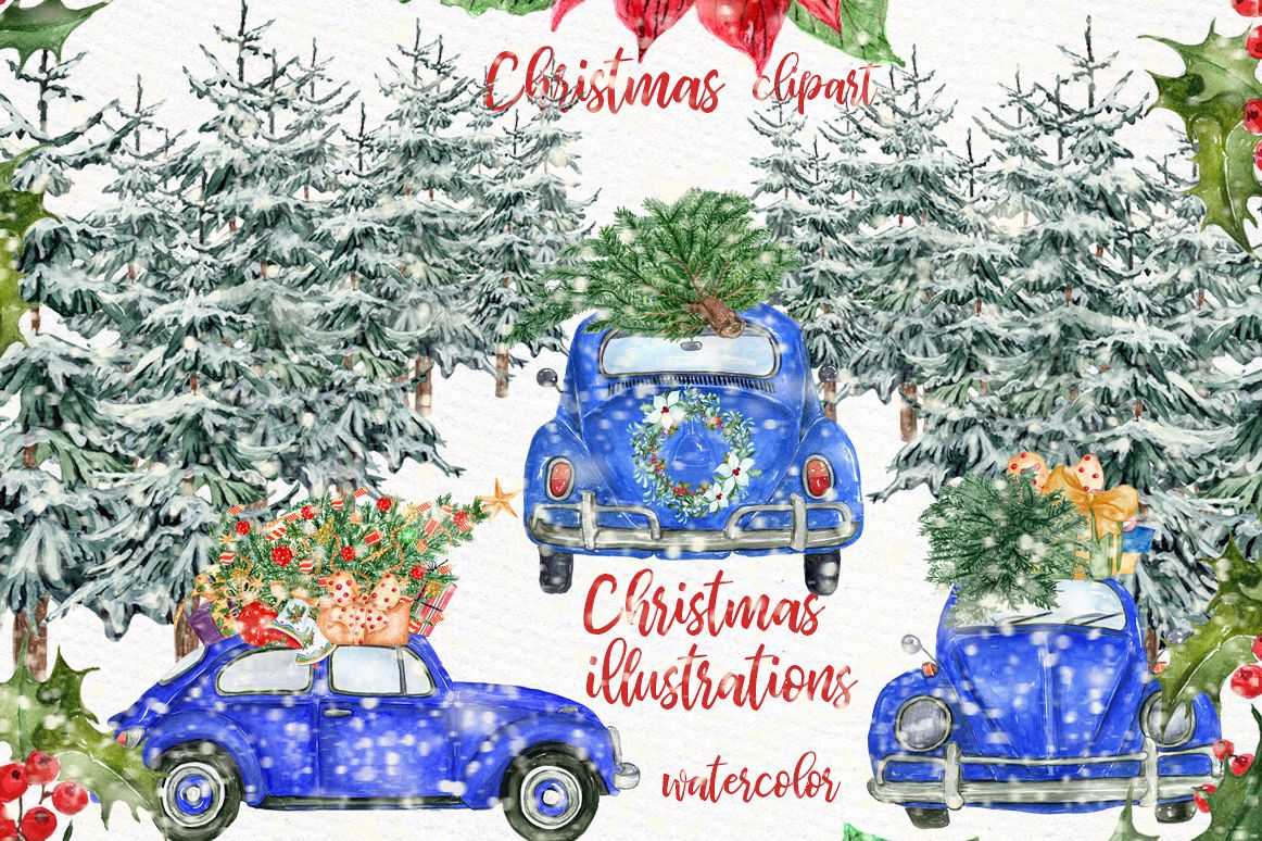 Watercolor Christmas Cars,Christmas Wreaths clipart Winter example image 1