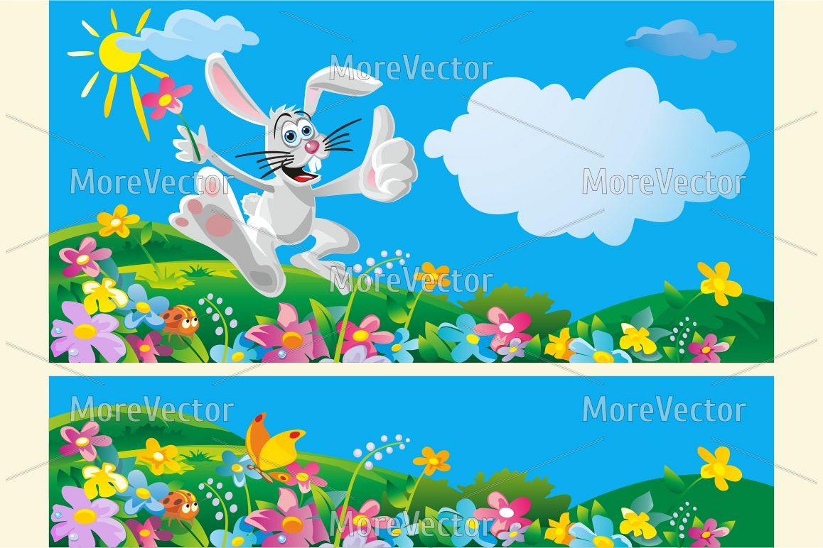 Happy bunny throwing flowers. Summer sunny landscape. example image 1