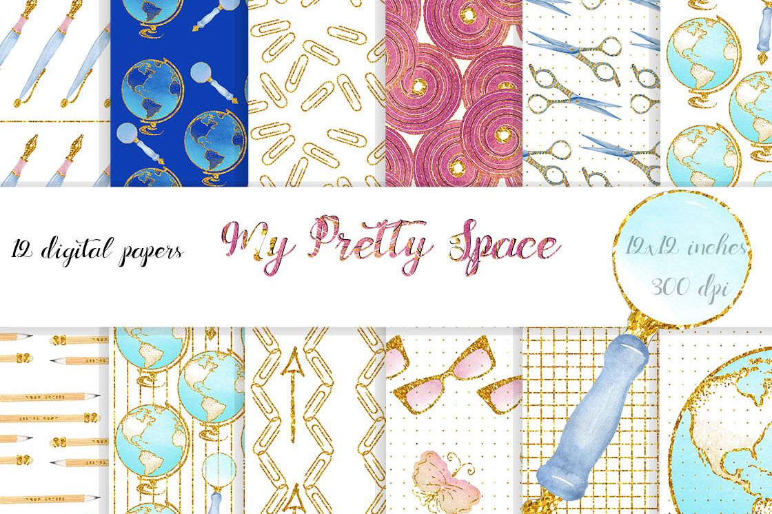 Watercolor with glitter Office stationary Papers - Digital Paper Pack - Instant Download. 12x12 inches. Background papers. School,Scrapbook example image 1