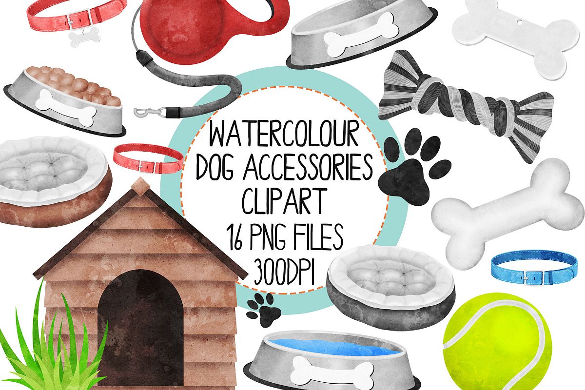 Watercolor Dog AccessoriesClipart Set example image 1