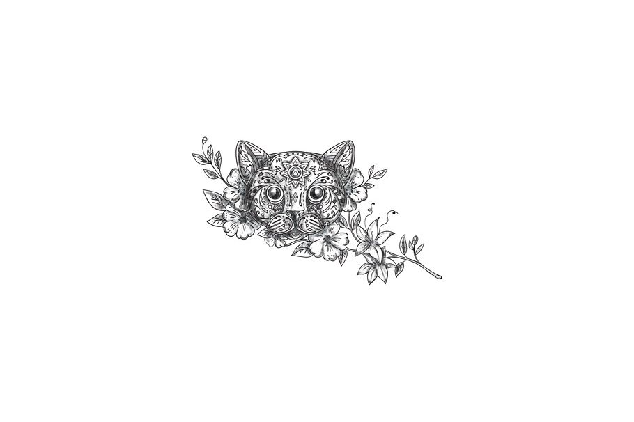 Cat Head Jasmine Flower Tattoo example image 1