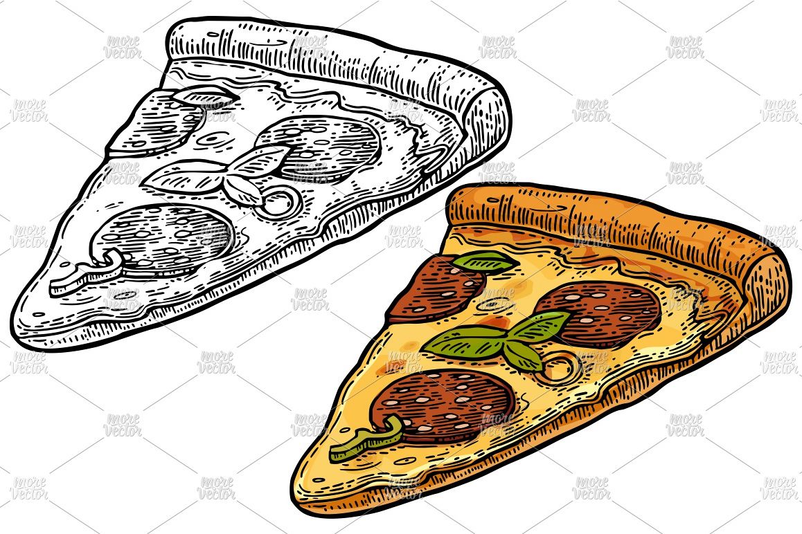 Slice pizza pepperoni. Vintage color vector engraving example image 1