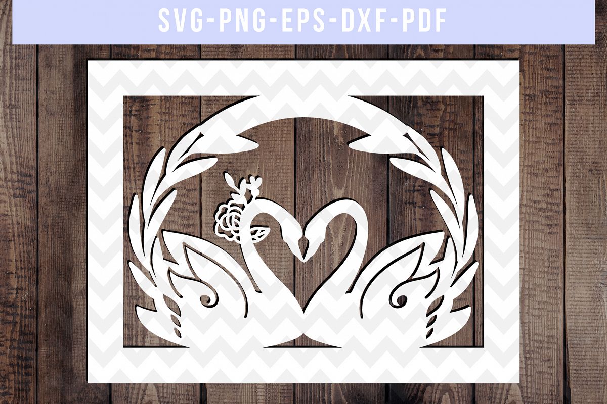 Wedding Swan Frame Papercut Template, Couple SVG, DXF, PDF example image 1