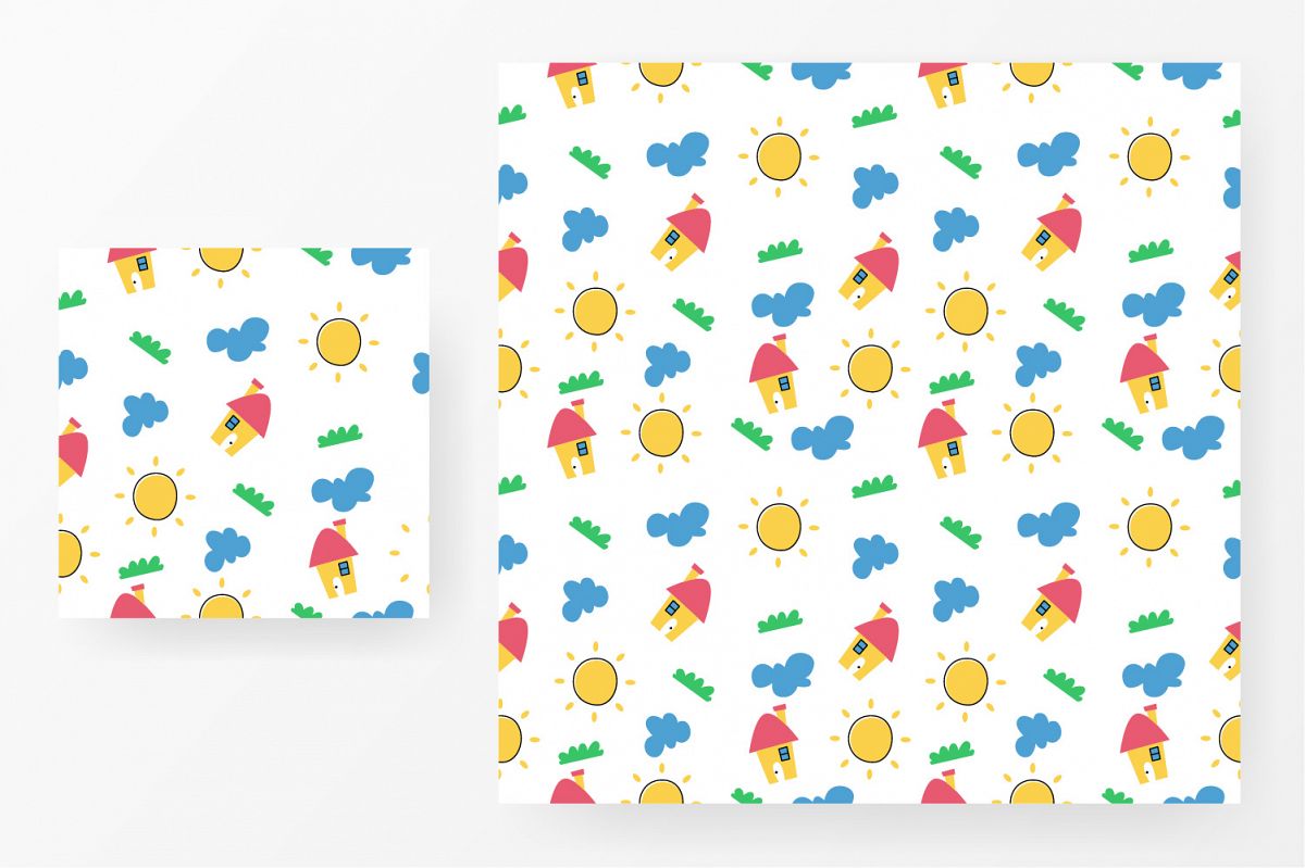 Seamless pattern house, grass, cloud and sun example image 1