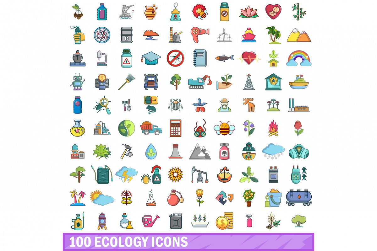 100 ecology icons set, cartoon style example image 1