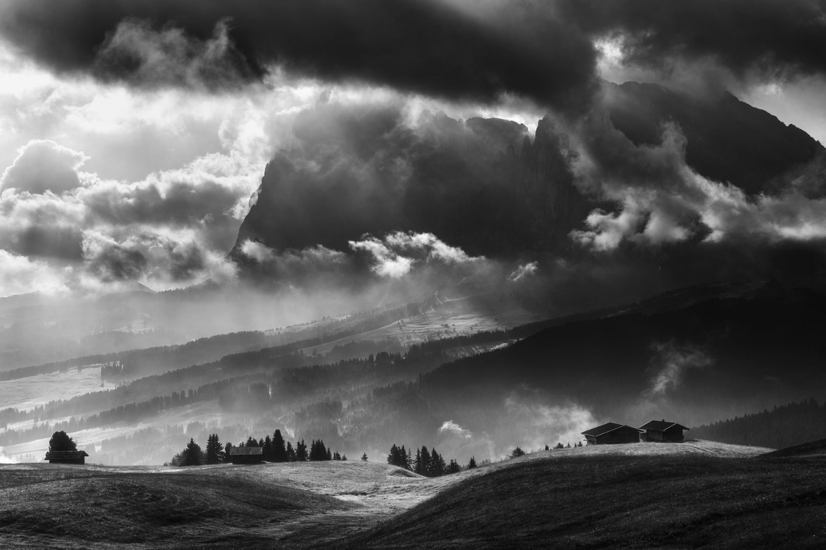 Black and white Seiser Alm on a dramatic day example image 1