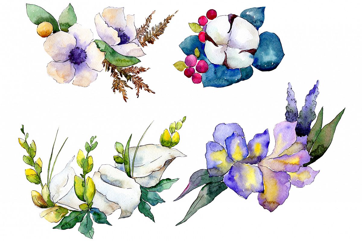 Bouquet flower composition PNG watercolor set example image 1