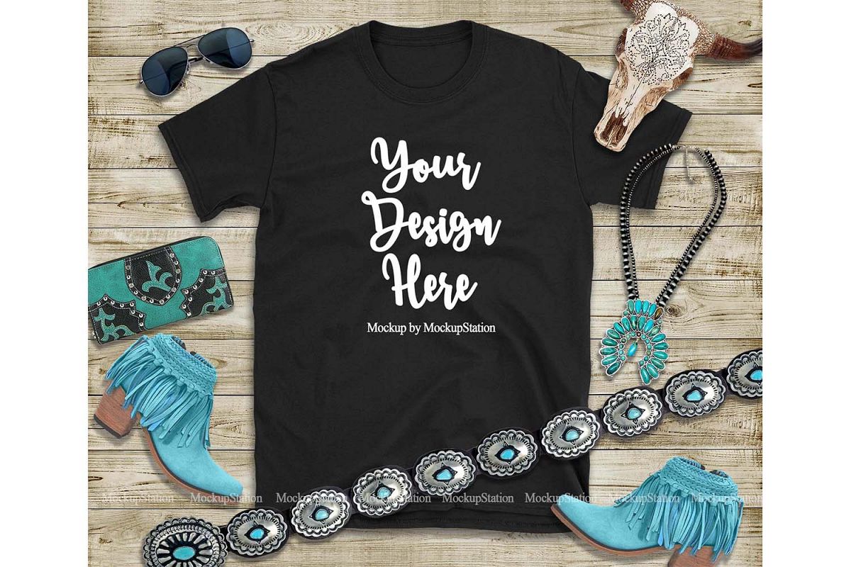 Black T-Shirt Mock Up, Southern Western Gildan Shirt Mockup example image 1