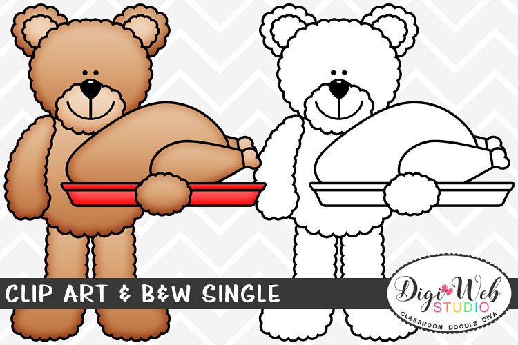 Clip Art & B&W Single - Thanksgiving Bear w/ Turkey example image 1