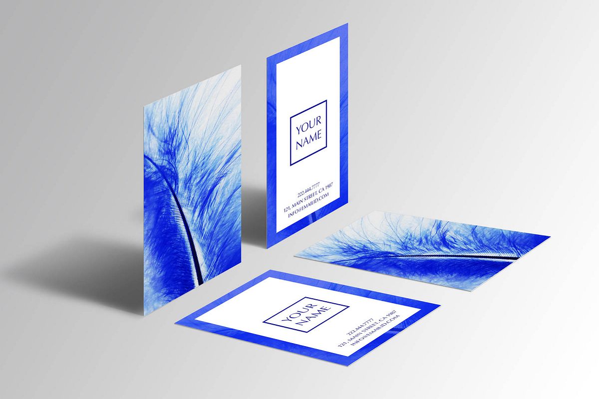 Beautiful blue feather business card example image 1