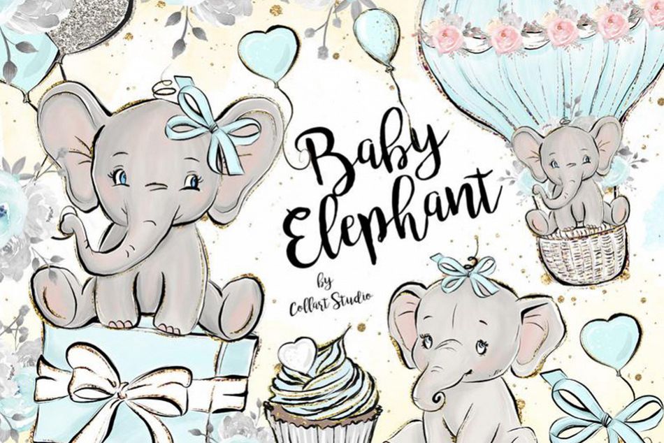 Baby Elephant clipart, Baby boy clipart, birthday clipart example image 1