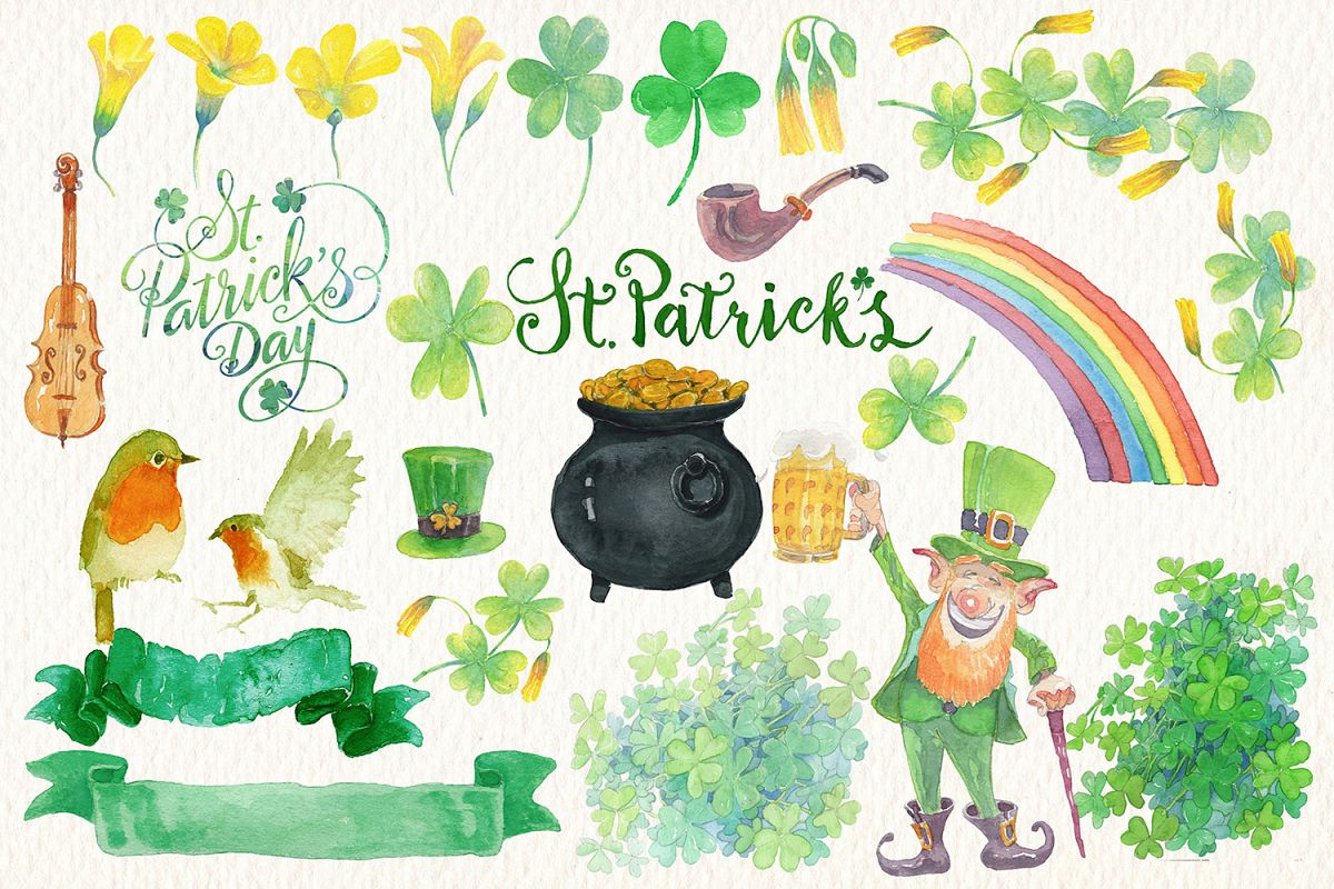 st. Patricks day watercolor clipart example image 1