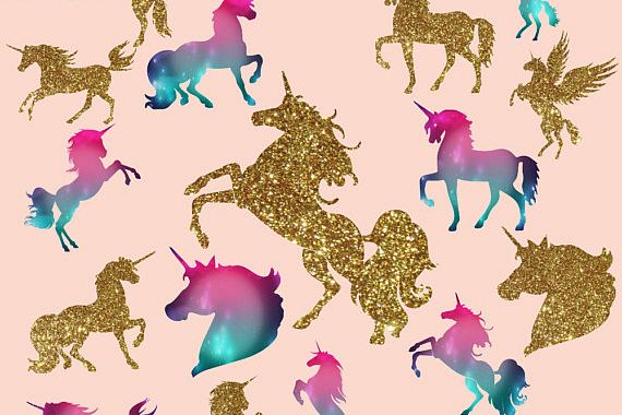 Gold glitter and Galaxy Unicorns Clipart example image 1