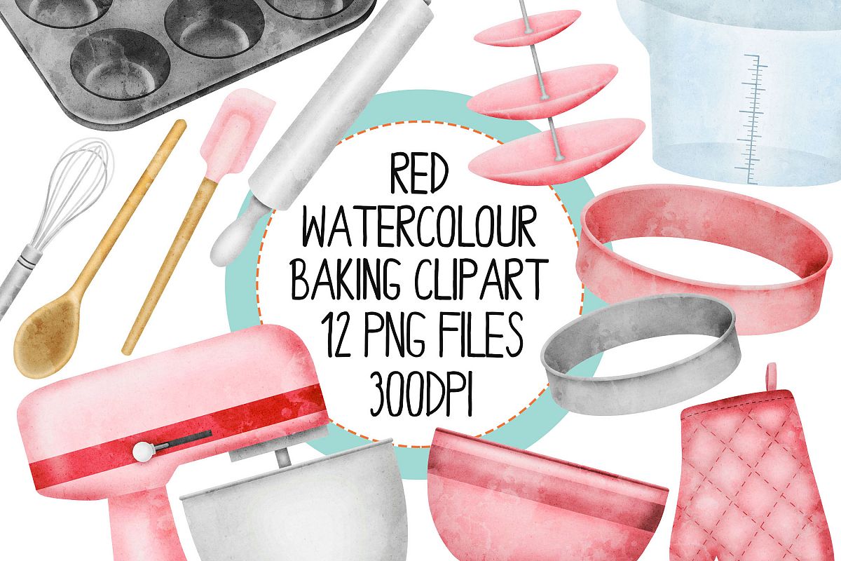 Red Watercolor Baking Clip Art Set example image 1