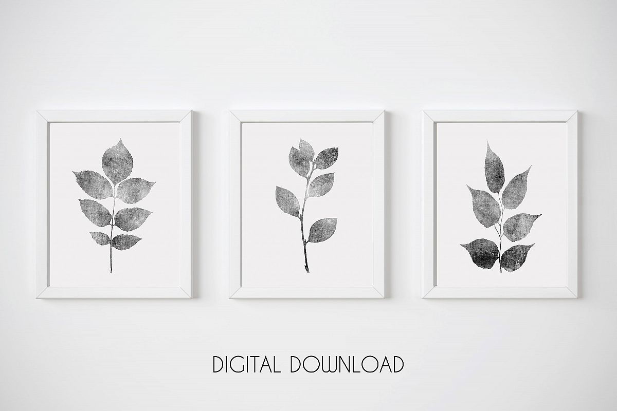 Gray Leaf Print, Botanical Print Set of 3, Gray Wall Art Set example image 1