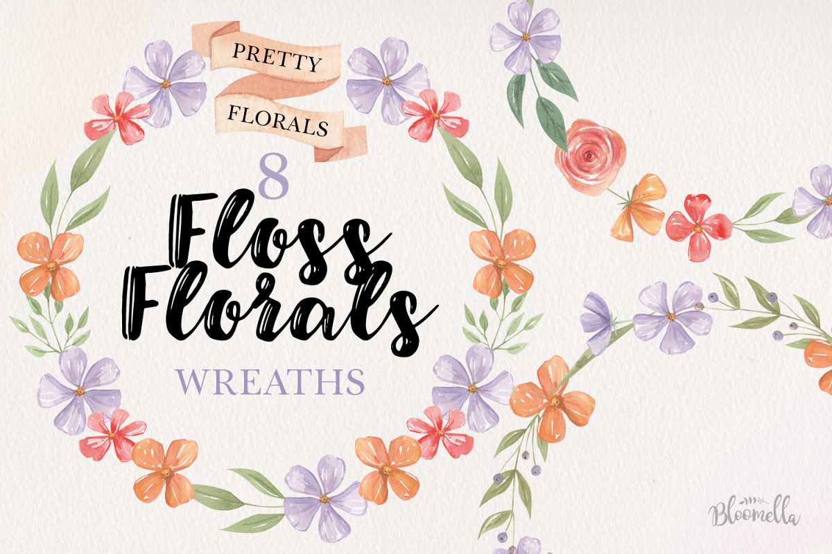 Floss Wreaths Watercolor 8 Flowers Leaves Purple Banners example image 1