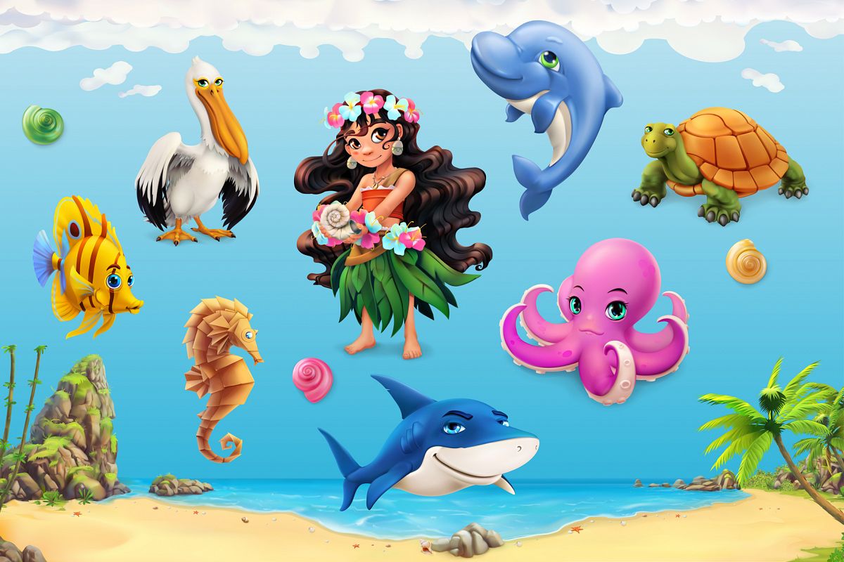Cute little girl, sea animals, beach background, game icons example image 1