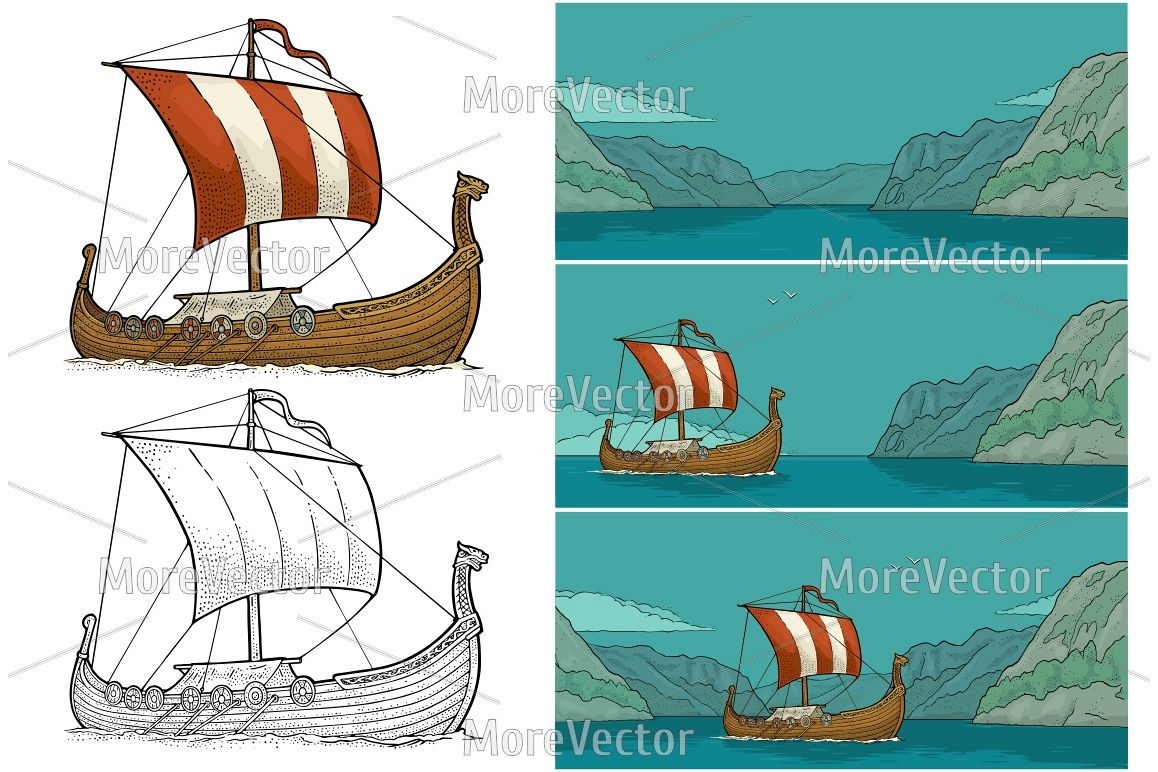 Drakkar floating on the fjord in Norway. Engraving example image 1