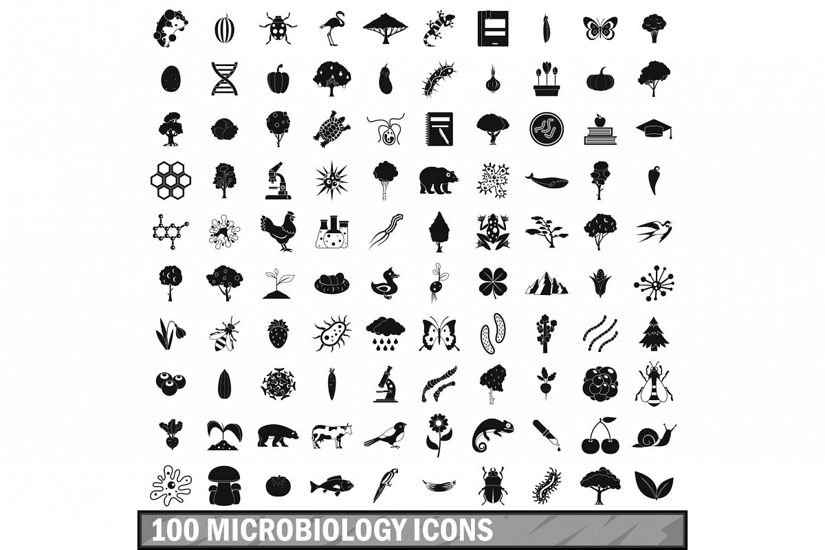 100 microbiology icons set, simple style example image 1