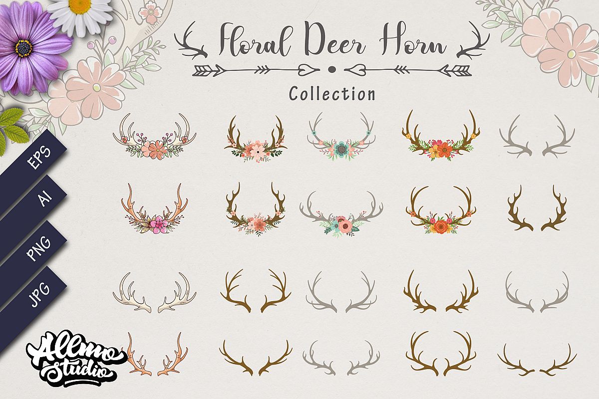 Bundle Set of Deer antlers floral example image 1