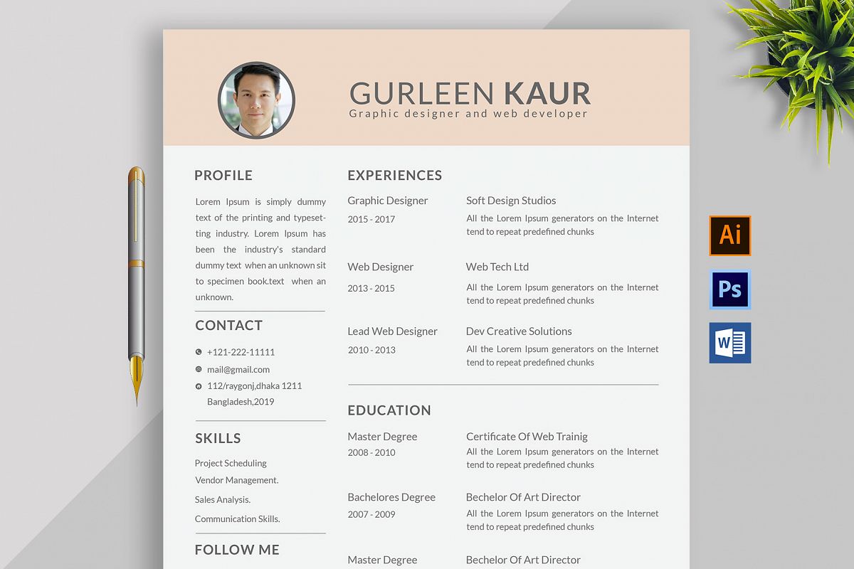 Professional Cv Resume Bonus business card Word/PSD,AI example image 1