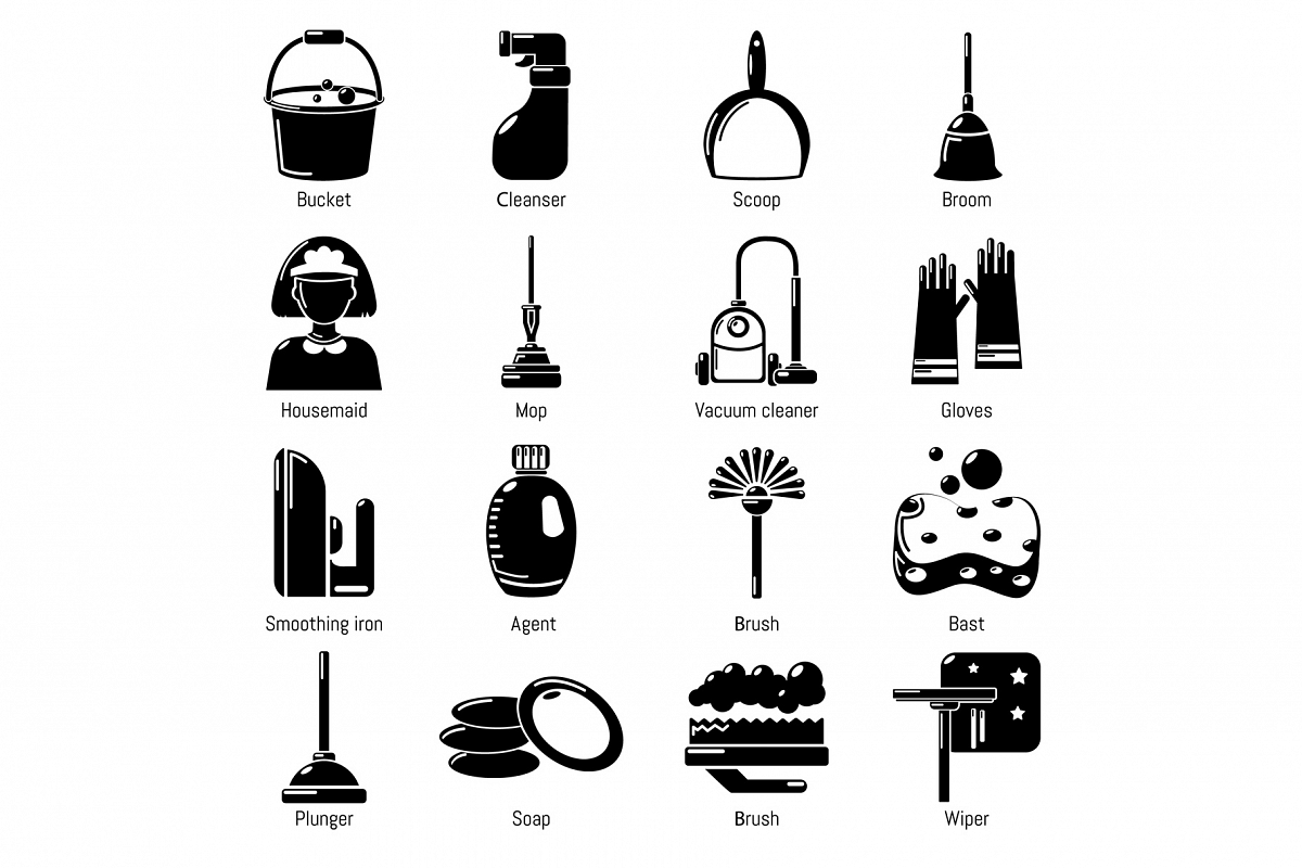 Cleaning tools icons set, simple style example image 1