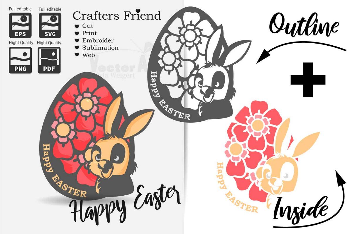 Happy Easter - Bunny in Egg with Flower - Print and Cut example image 1