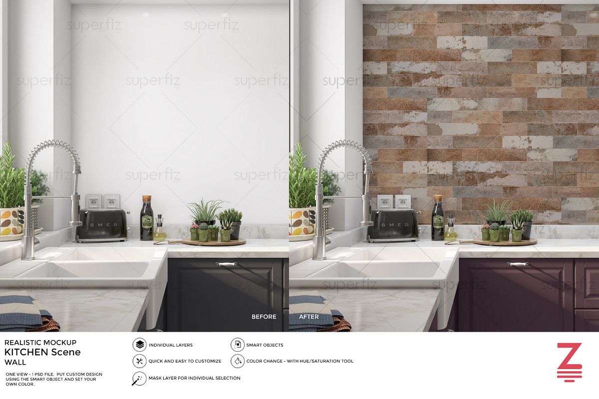 Download Kitchen PSD Mockup to change the WALL surface SM12 (161134) | Exhibition | Design Bundles