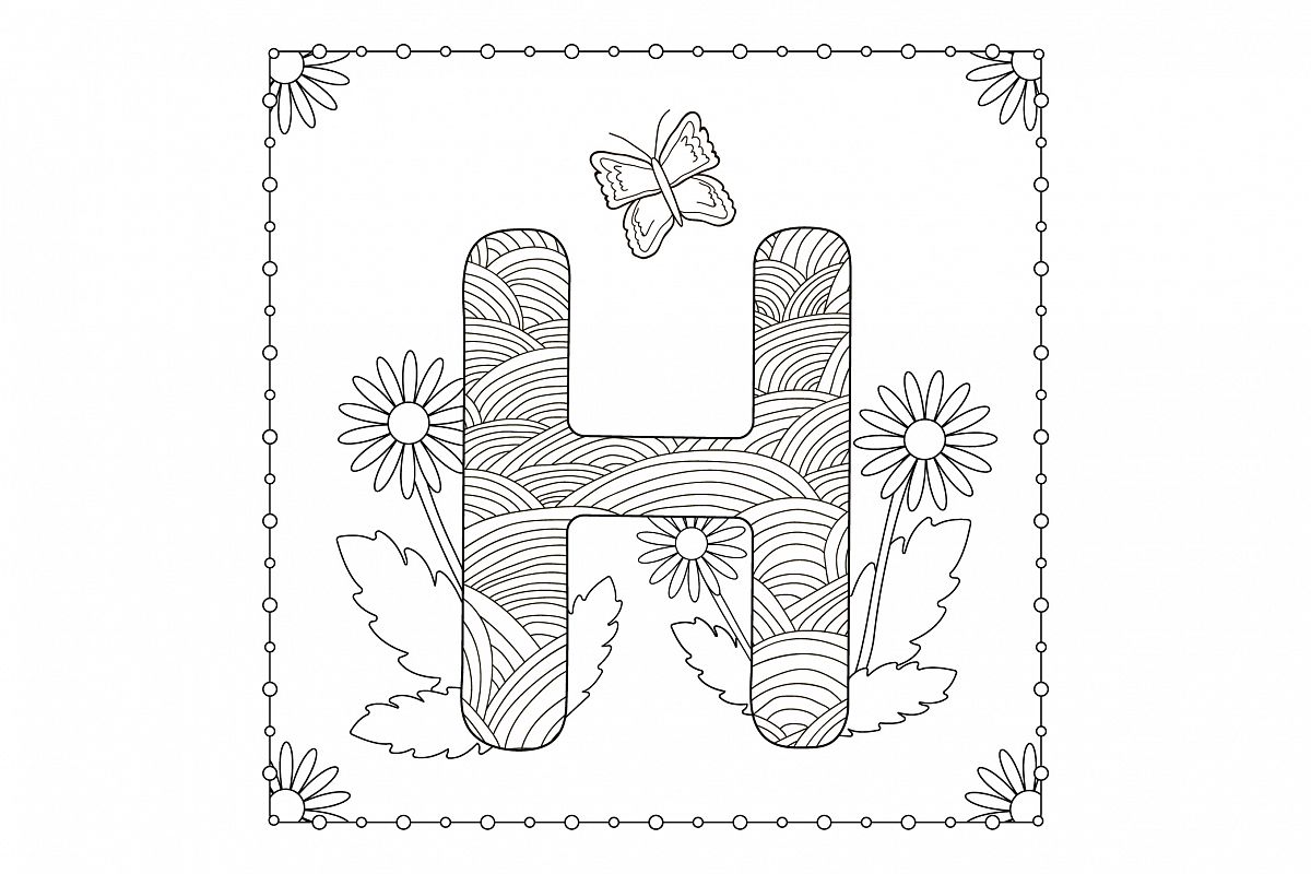 Letter H. Flowers. Coloring page. example image 1