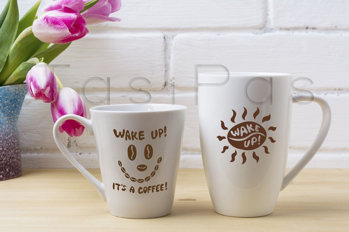 Download White coffee latte and cappuccino mug mockup with magenta tulip (102196) | Mock Ups | Design Bundles