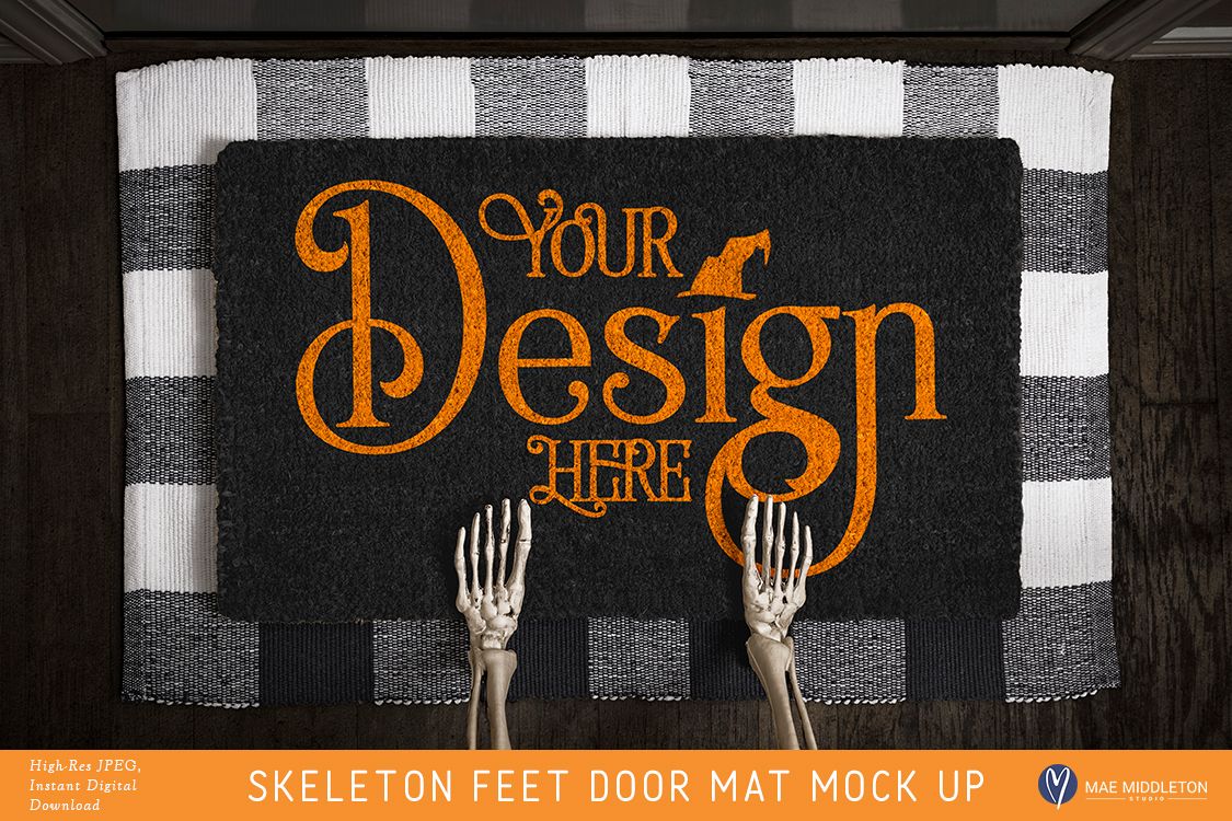 Halloween Black Door Mat mock up - Skeleton Feet example image 1