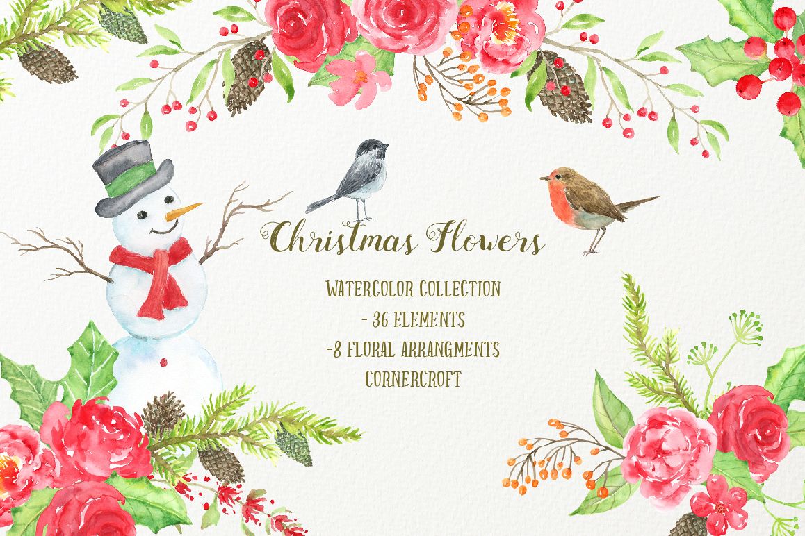 Watercolor Clipart Christmas Flowers example image 1