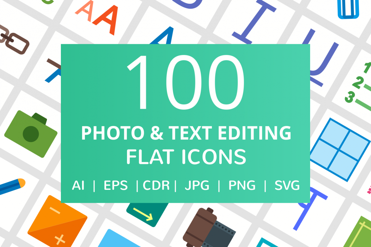 100 Photo & Text Editing Flat Icons example image 1