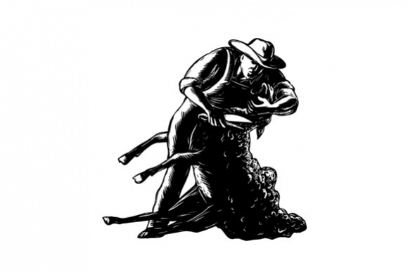 Shearer Shearing Sheep Woodcut example image 1