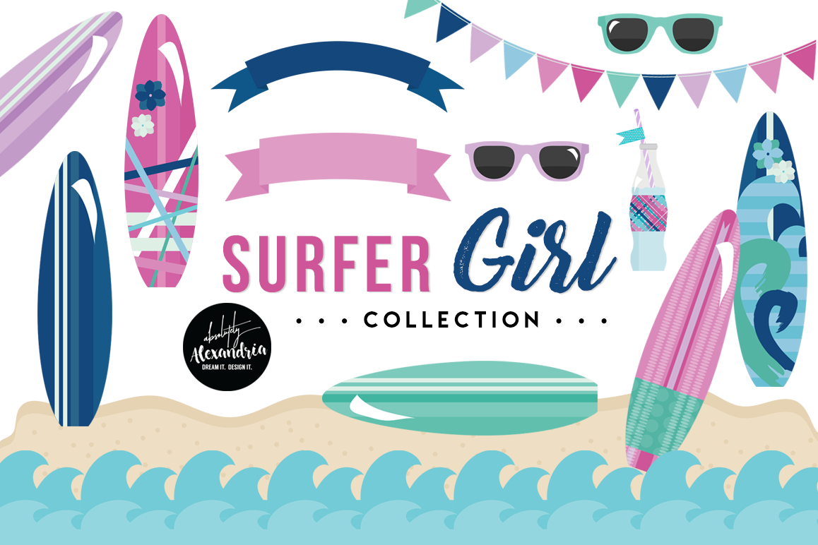 Surfer Girl Clipart Graphics & Digital Paper Patterns Bundle example image 1