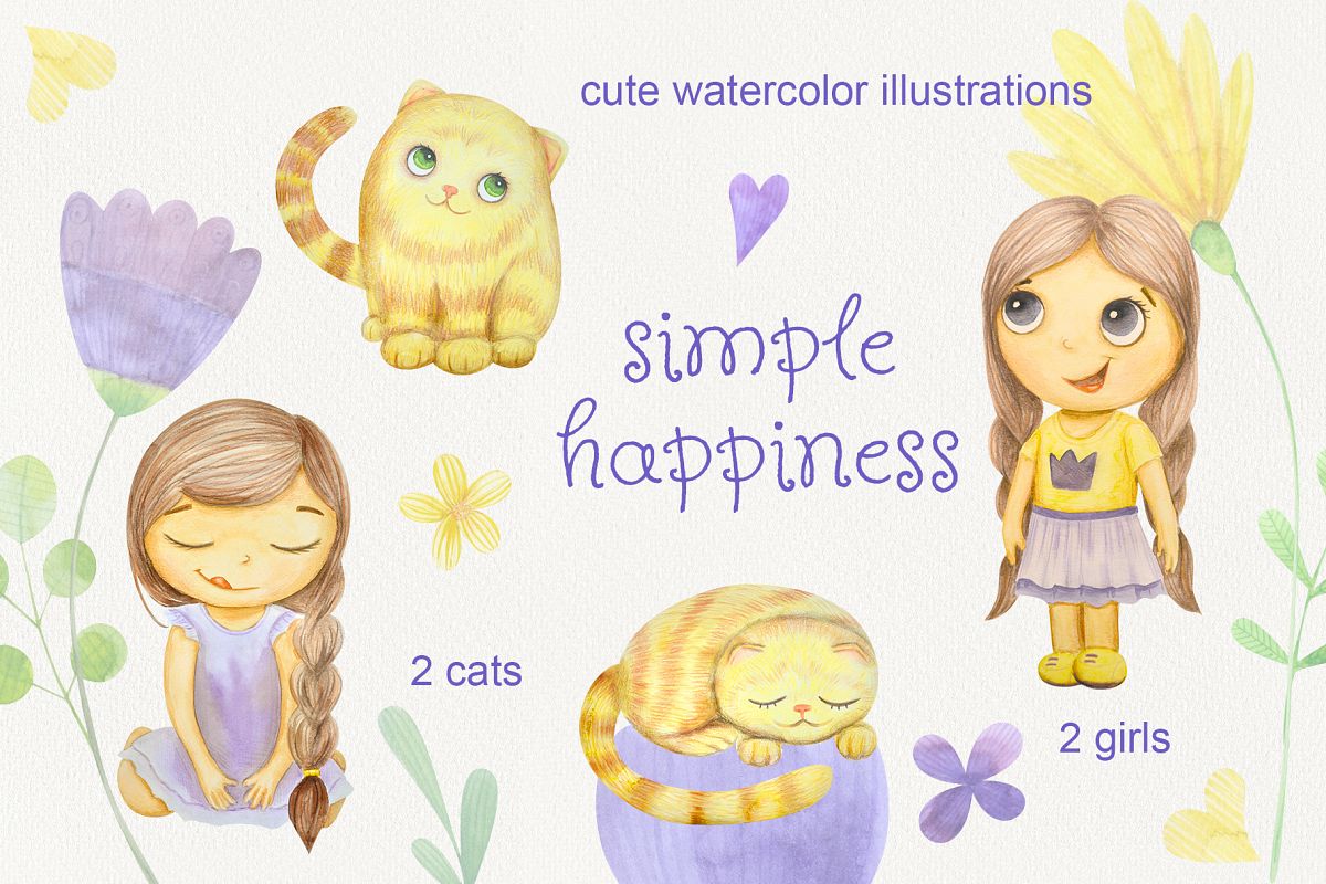 Simple happines. Set of watercolor girls and cats example image 1
