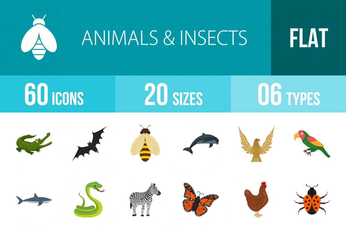 60 Animals & Insects Flat Multicolor Icons example image 1