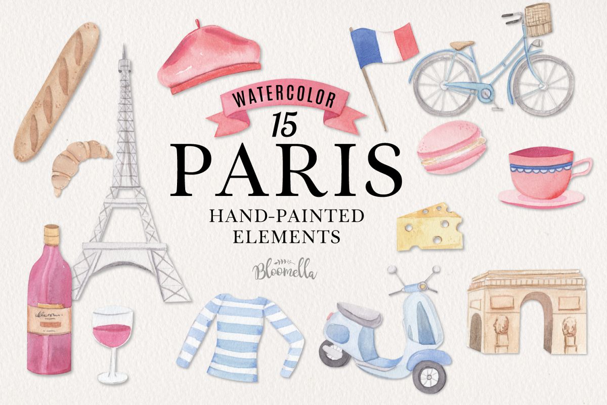 Paris 15 Watercolor French Eiffel Tower France Bike Wine example image 1