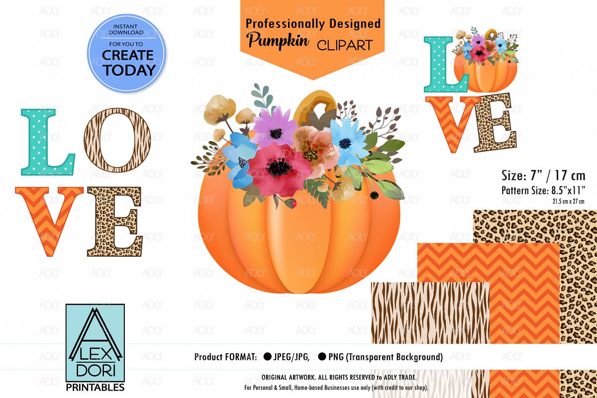Pumpkin with Flower Sublimation, Love Word Sublimation, PNG example image 1