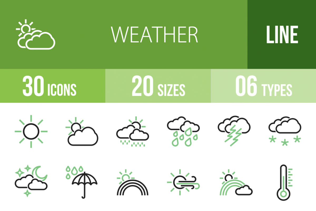 30 Weather Line Green & Black Icons example image 1