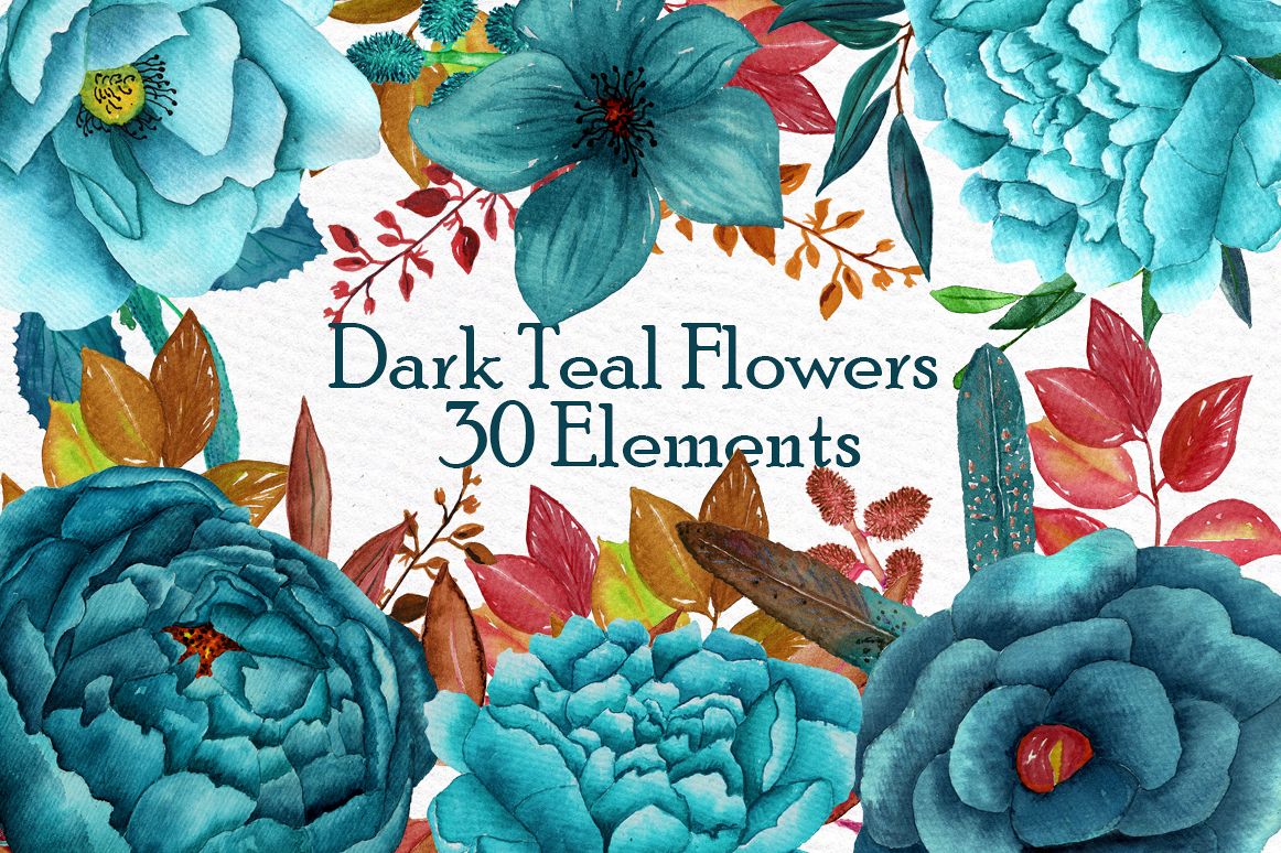 Watercolor teal flowers clipart example image 1