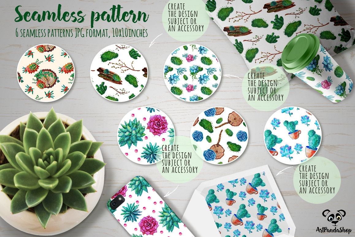 Succulent watercolor seamless pattern example image 1