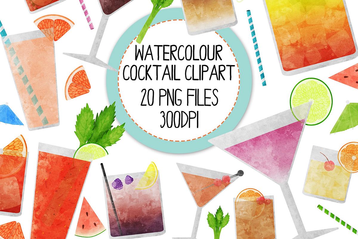 Watercolor Cocktails Clip Art Set 2 example image 1