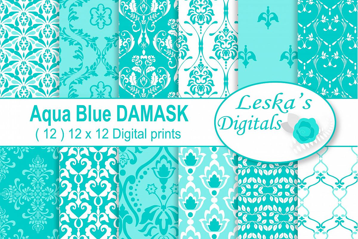 Aqua Blue Damask Digital Paper example image 1