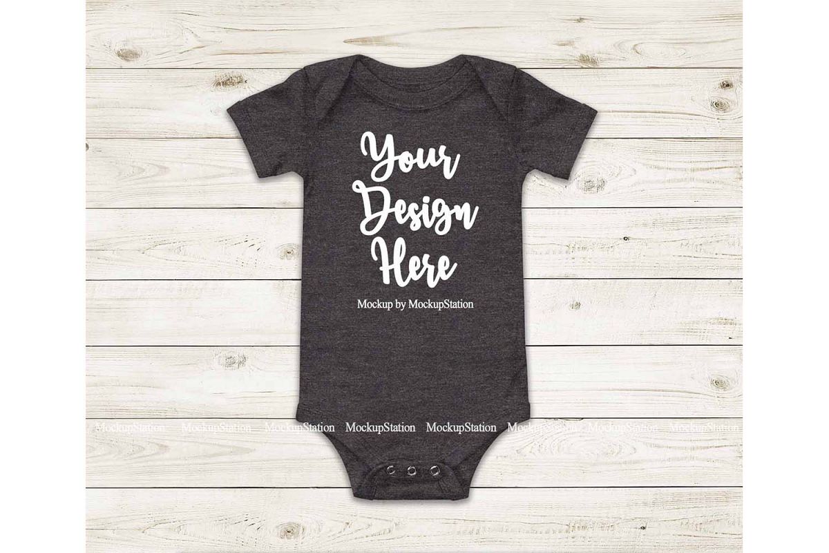 Baby Dark Heather Grey Bodysuit Mockup, Blank Toddler Tee example image 1