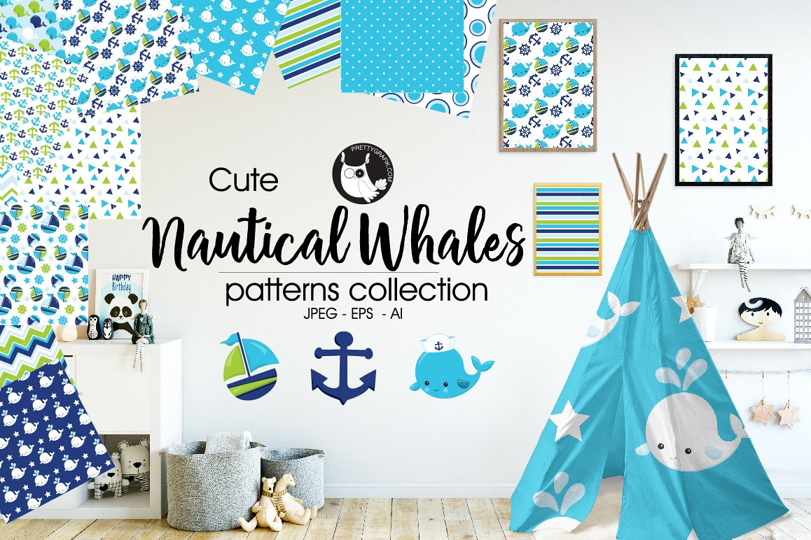 NAUTICAL-WHALES, digital papers example image 1