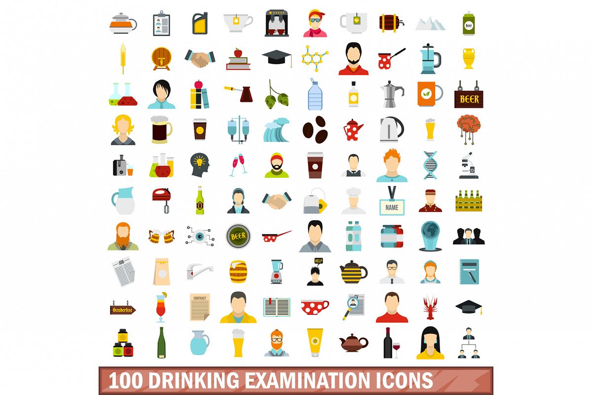 100 drinking examination icons set, flat style example image 1